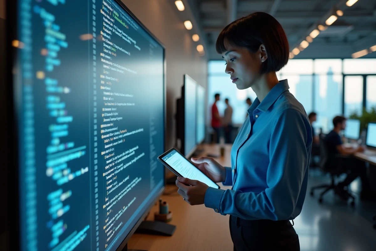 Femme en coworking analysant du code sur un grand écran