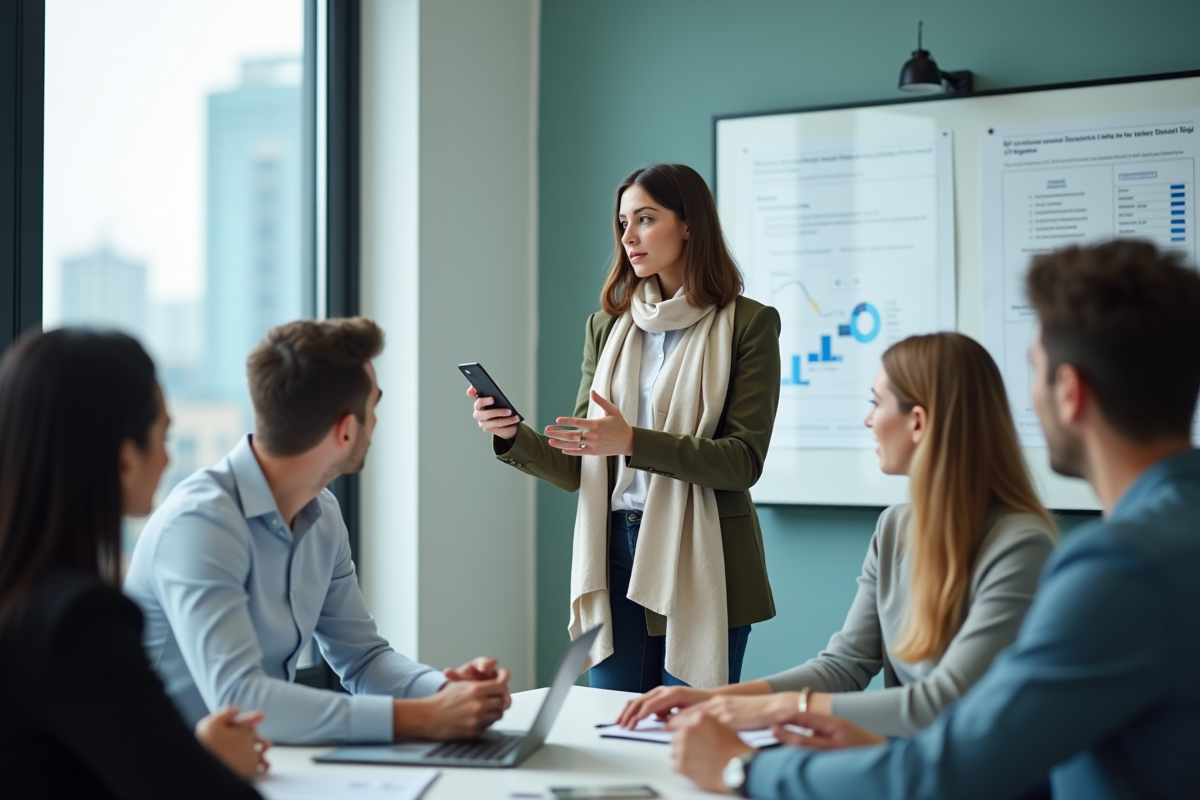 Femme montrant un appareil K40 à ses collègues en réunion