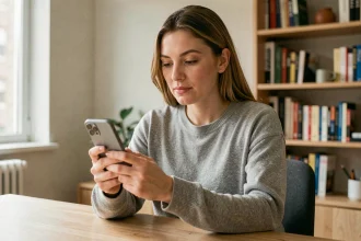 Femme évaluant un smartphone Google Pixel dans un appartement moderne, illustrant le rapport qualité-prix du téléphone Google