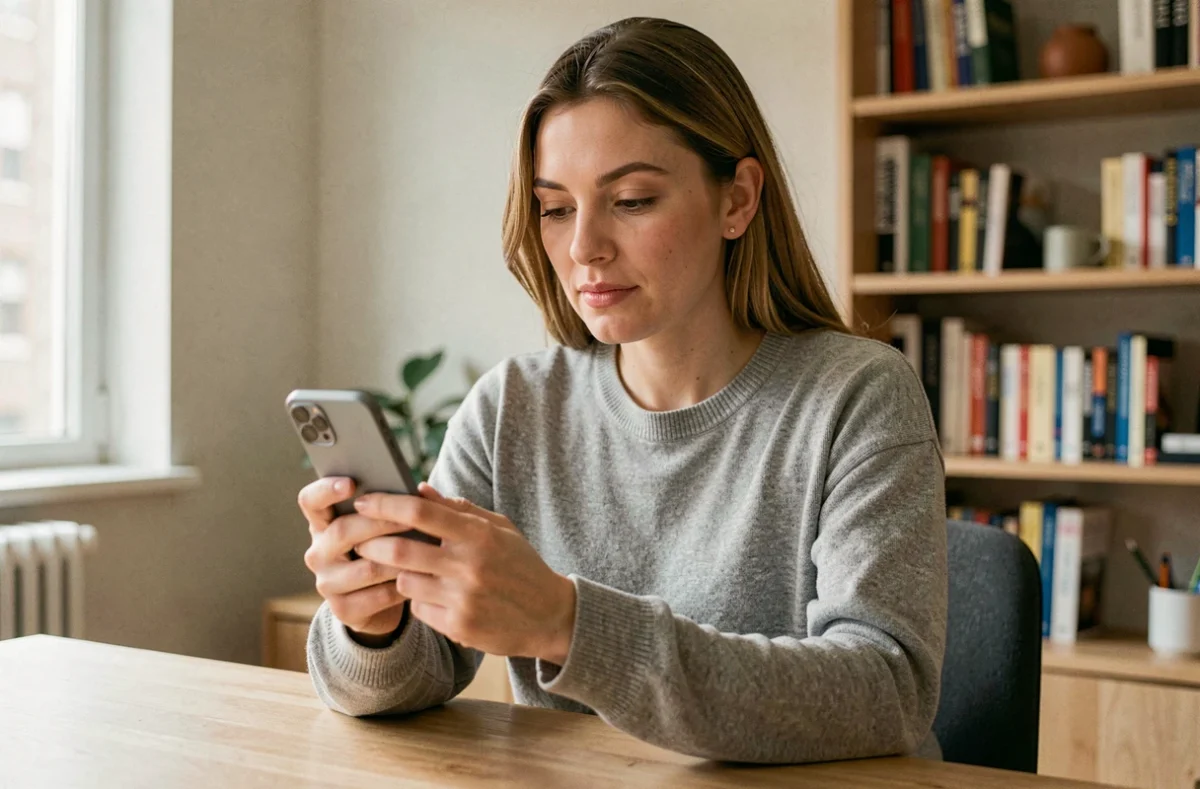 Femme évaluant un smartphone Google Pixel dans un appartement moderne, illustrant le rapport qualité-prix du téléphone Google