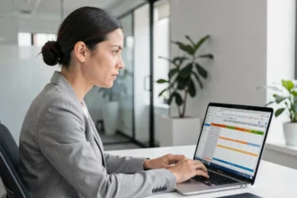 Femme professionnelle consultant une feuille Excel verrouillée sur son ordinateur portable dans un bureau moderne