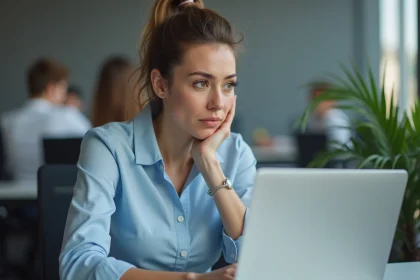 Femme frustrée devant un message d'erreur sur son ordinateur portable au bureau, illustrant un problème de connexion à une application web