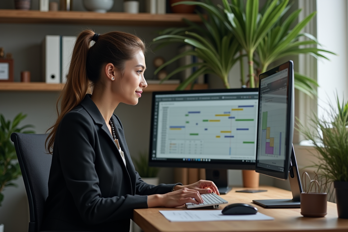 Jeune femme en gestion de projet devant un graphique Gantt