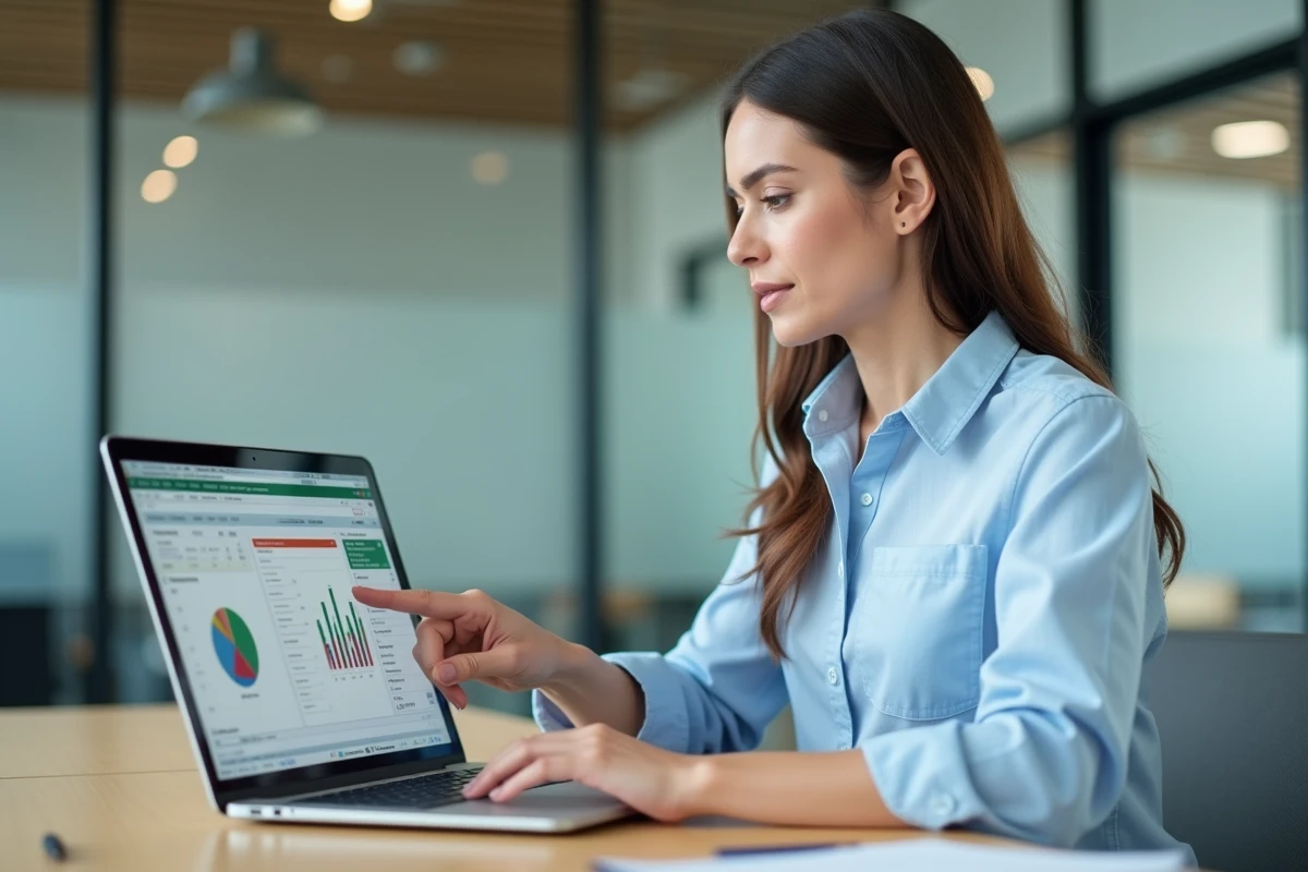 Femme professionnelle pointant un graphique camembert dans Excel sur un ordinateur portable en bureau moderne