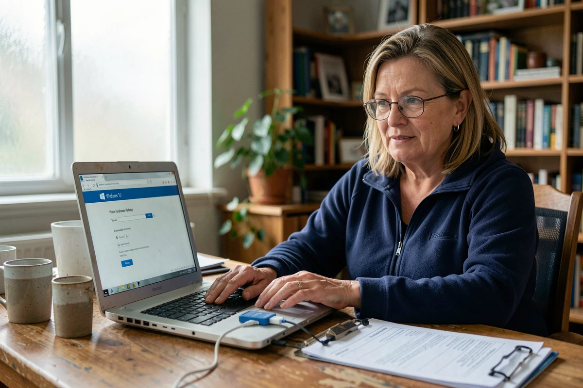 Femme installant Windows 10 sur un ancien ordinateur portable équipé d'un SSD à domicile