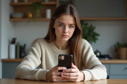 Jeune femme perplexe avec smartphone dans une cuisine moderne