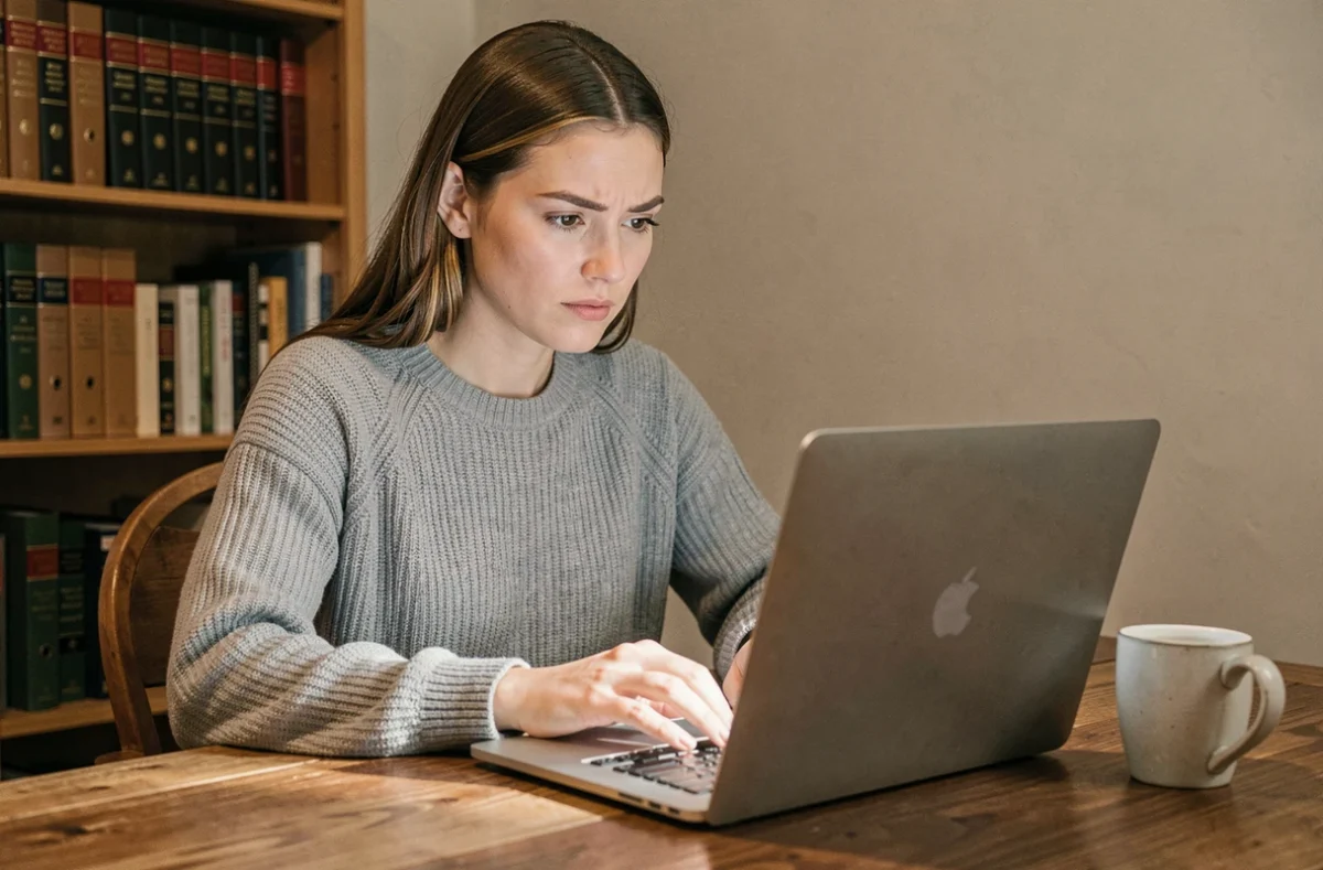 Femme utilisant l'extension LanguageTool sur un ordinateur portable dans un bureau à domicile, expression sceptique et réfléchie