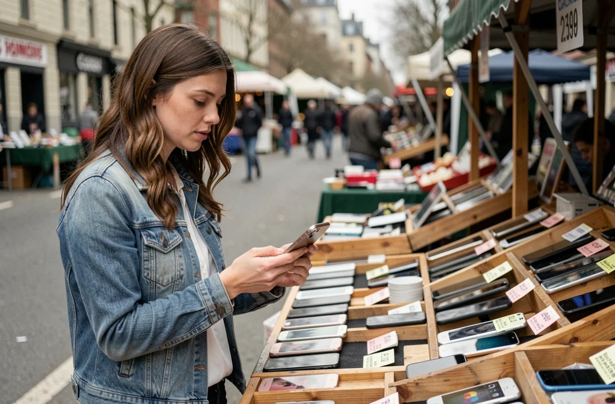 Jeune femme inspectant un iPhone d'occasion sur un marché aux puces de smartphones reconditionnés, illustrant l'achat d'un ancien iPhone pour faire des économies