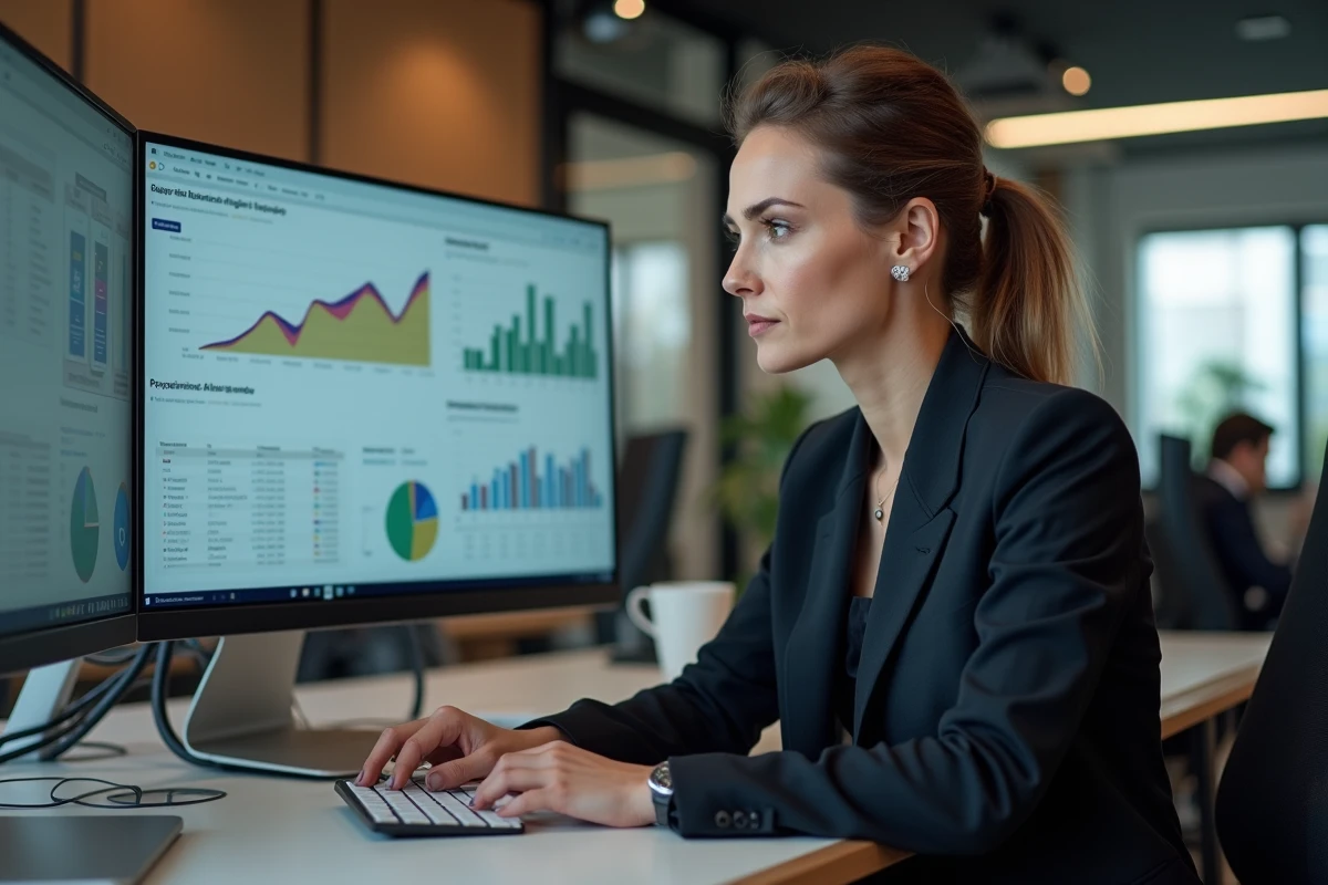 Femme d'affaires analysant des résultats marketing sur un grand écran