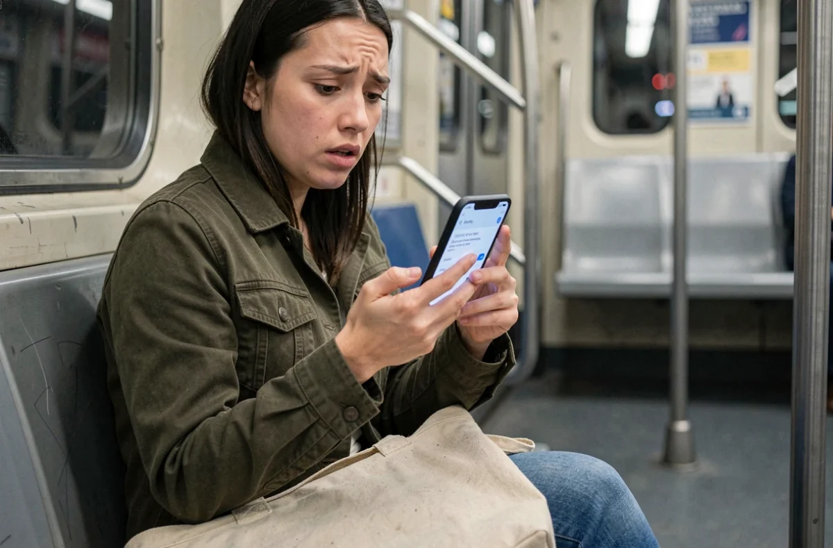 Femme dans le métro découvrant que son texte copié a disparu du presse-papier Android