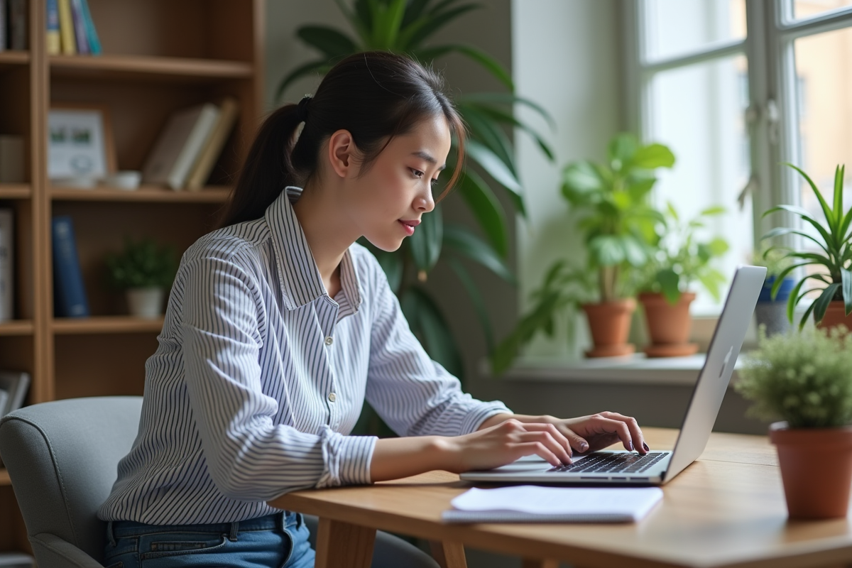 Jeune femme analysant des données sur son ordinateur portable