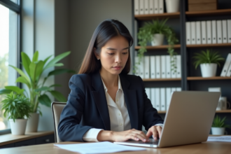 Femme professionnelle concentrée sur son ordinateur dans un bureau moderne