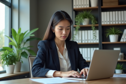 Femme professionnelle concentrée sur son ordinateur dans un bureau moderne