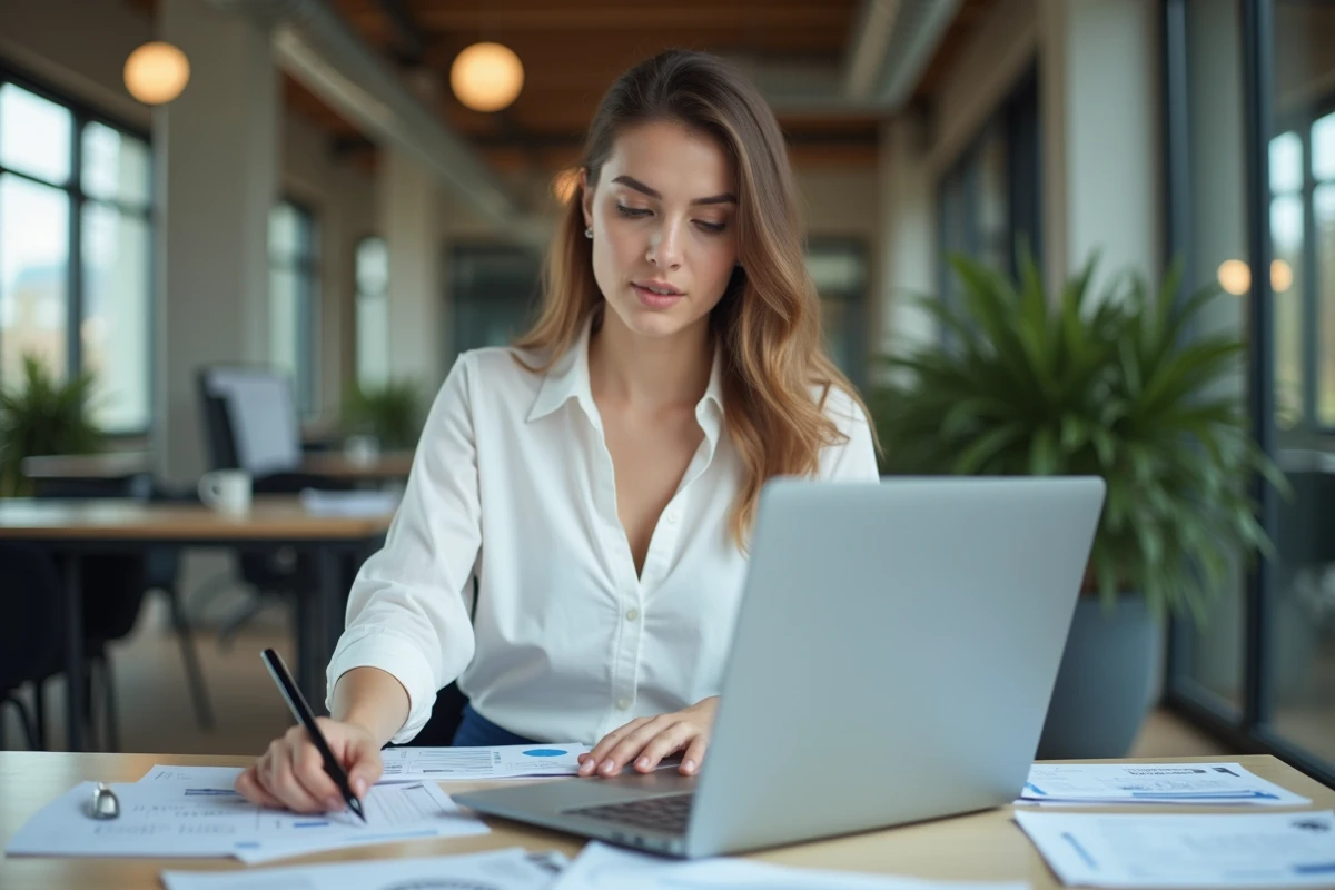 Femme professionnelle en bureau comparant données sur ordinateur