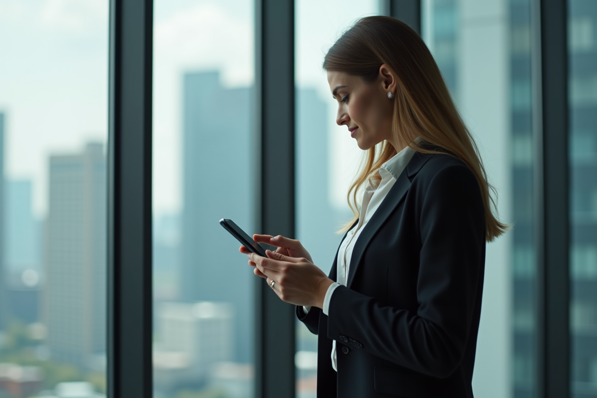 Femme professionnelle utilisant son smartphone dans un bureau