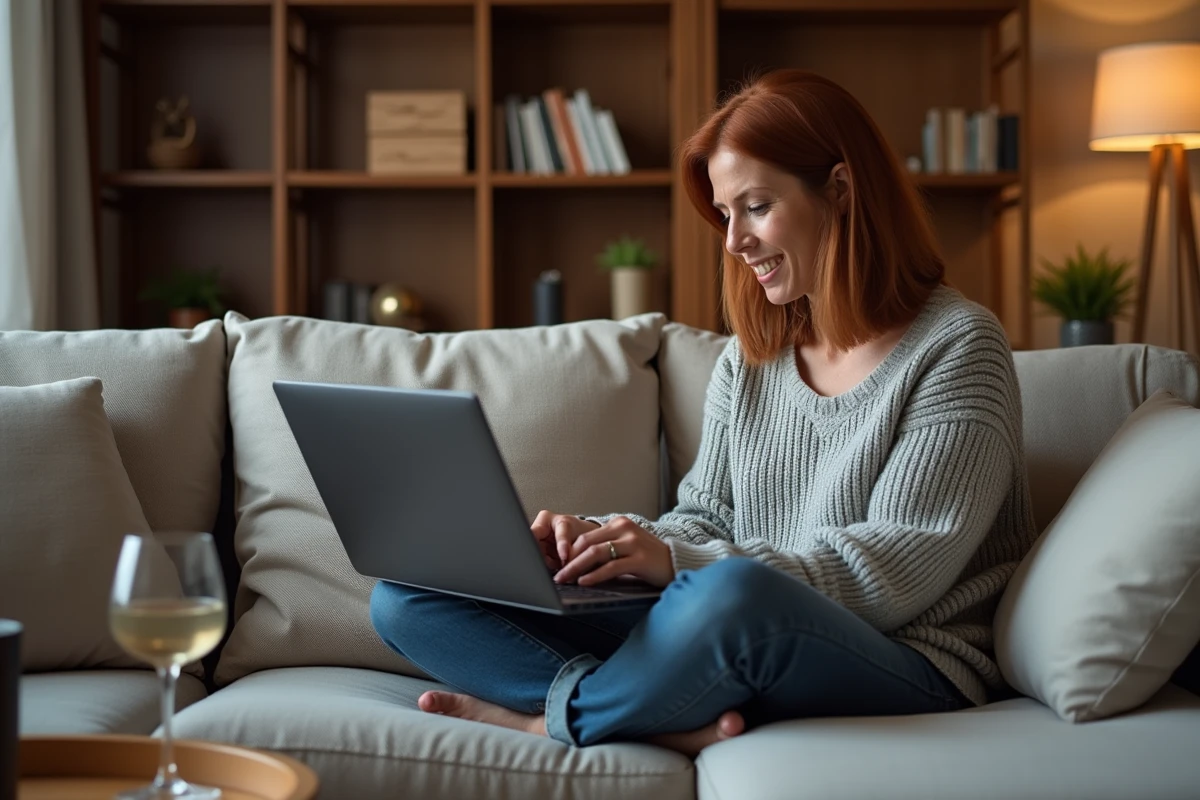 Femme consultant une page de récupération de clé de licence Windows sur un ordinateur portable dans un salon confortable