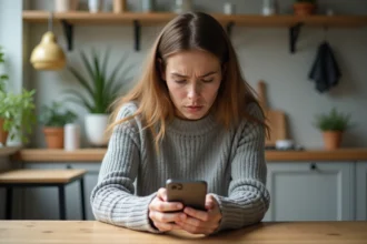 Jeune femme frustrée avec smartphone dans une cuisine moderne