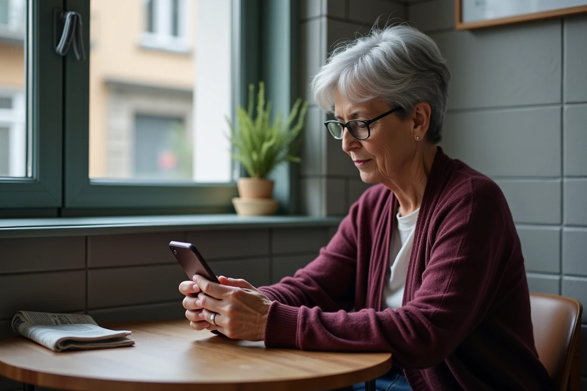 Femme senior consultant son smartphone face à une erreur de connexion messagerie IntraParis