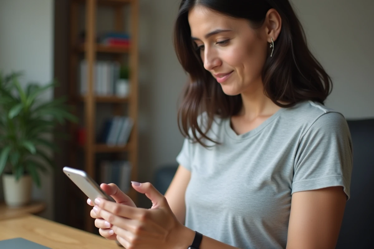 Femme tenant un smartphone Android et naviguant dans les paramètres de la corbeille sur l'écran tactile