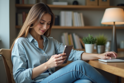 Jeune femme vérifiant son code 2FA sur smartphone dans un intérieur moderne