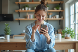 Jeune femme souriante examine son smartphone dans la cuisine