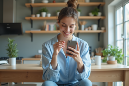 Jeune femme souriante examine son smartphone dans la cuisine