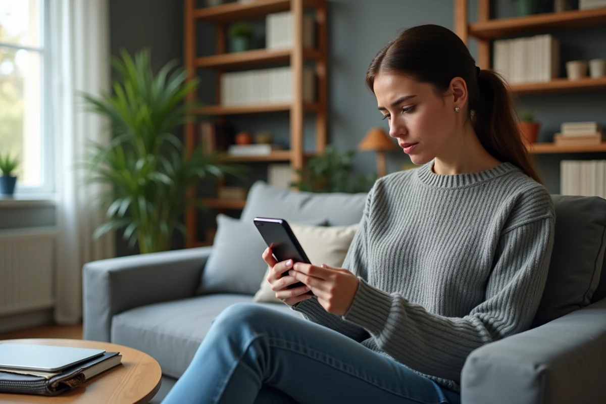 Jeune femme perplexe utilisant son smartphone à la maison