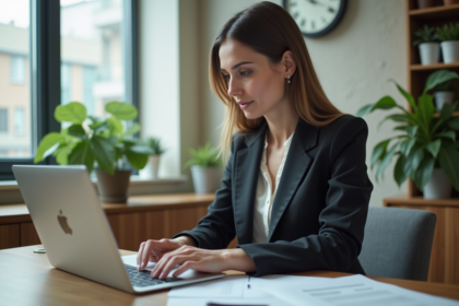 Femme en costume élaborant une stratégie dans son bureau