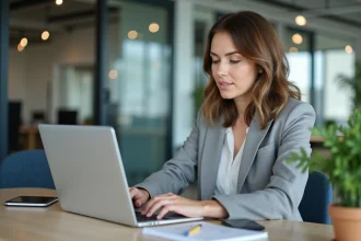 Femme en blazer gris travaillant sur Excel avec des doublons mis en évidence sur l'écran de son ordinateur portable
