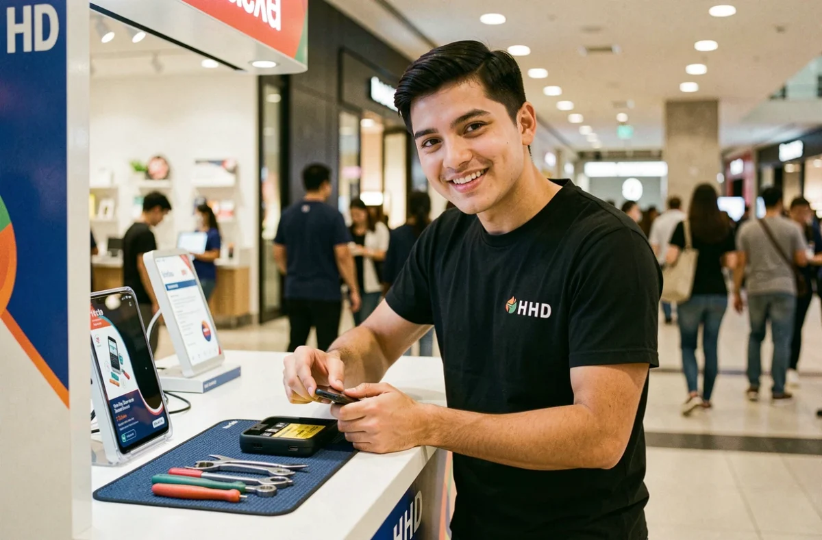 Technicien Fix and Go effectuant un remplacement rapide de batterie de smartphone à son comptoir