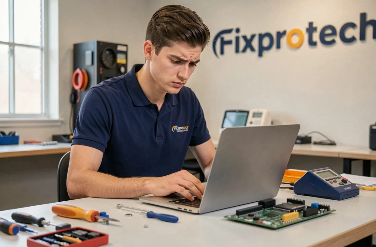 Technicien Fixprotech diagnostiquant un ordinateur portable dans son atelier de réparation informatique