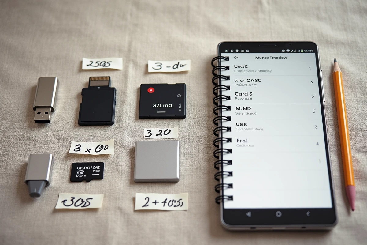 Flat lay de clés USB et cartes SD avec smartphone affichant la capacité de stockage sur fond lin
