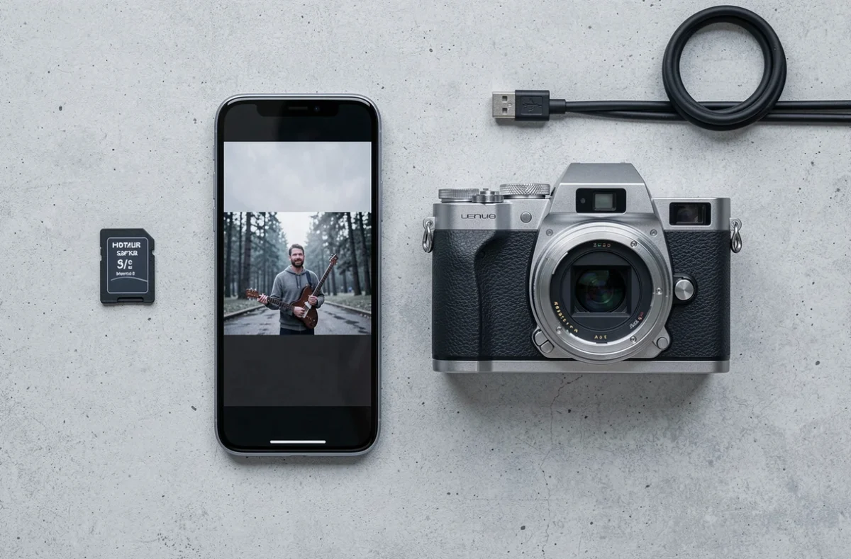 Vue à plat comparant un smartphone haut de gamme et un appareil compact photo