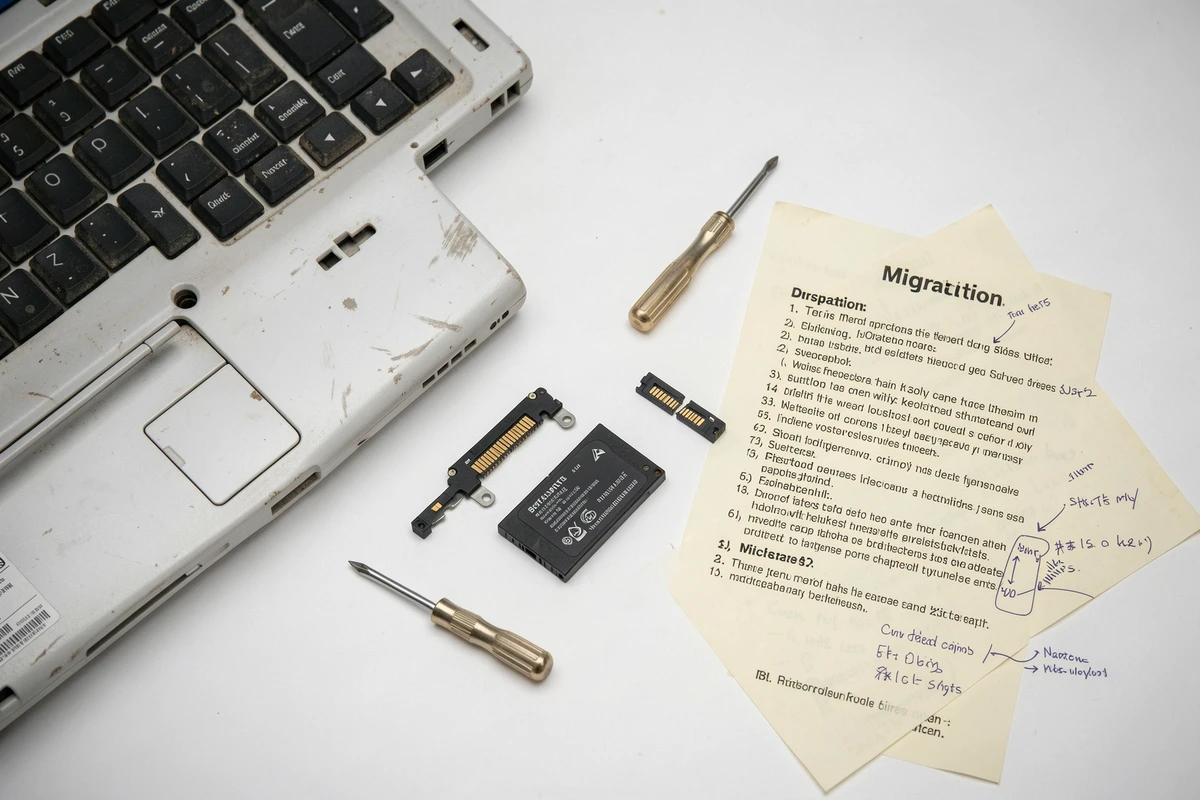 Vue aérienne d'un laptop démonté avec SSD et disque dur côte à côte pour migration Windows 10
