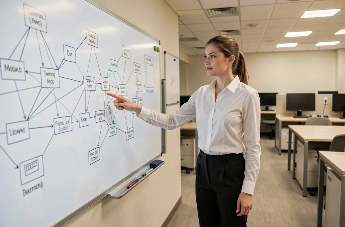 Formatrice en cybersécurité expliquant une topologie réseau dans une salle de cours d'un centre de formation TSRS
