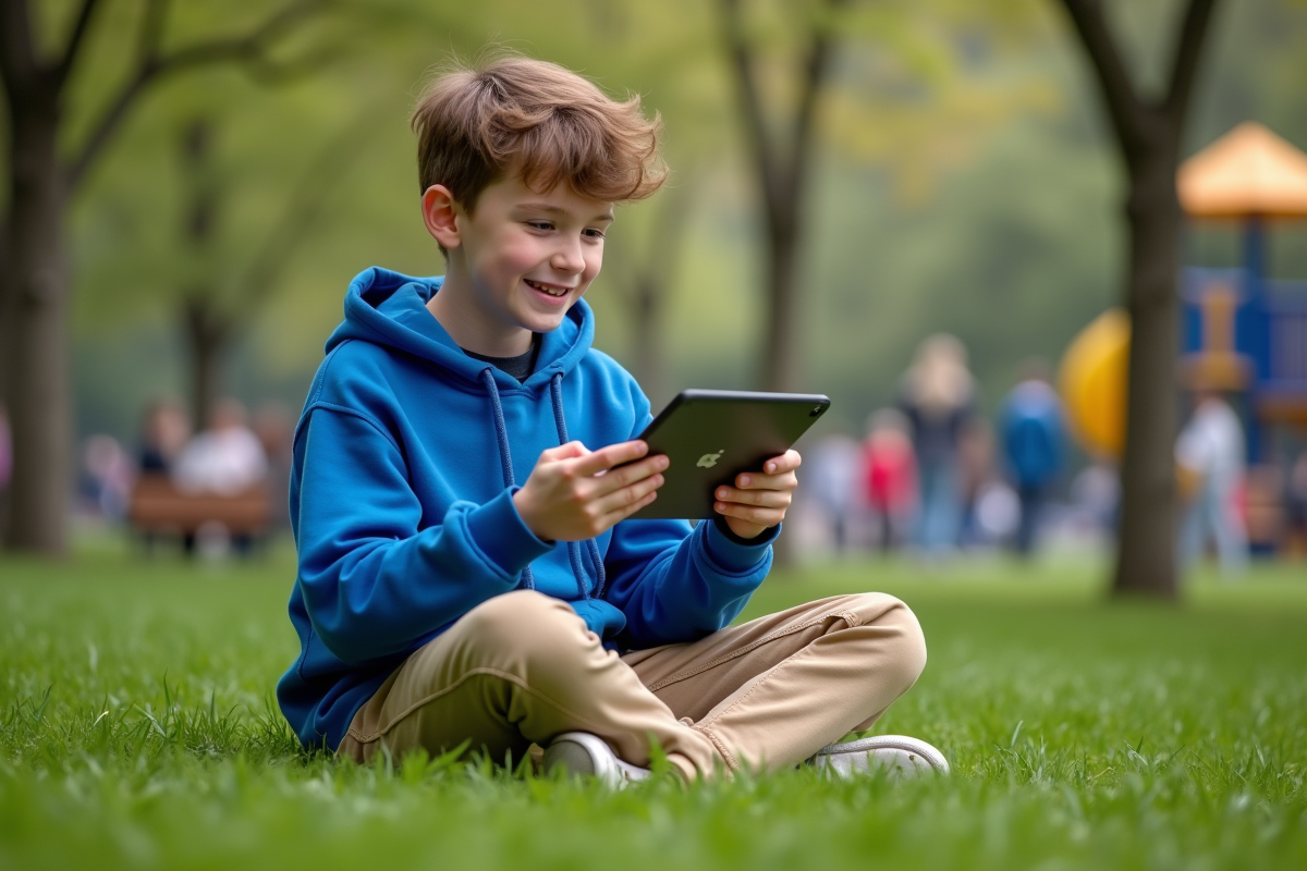 Garçon préadolescent montrant une tablette à ses amis dans un parc