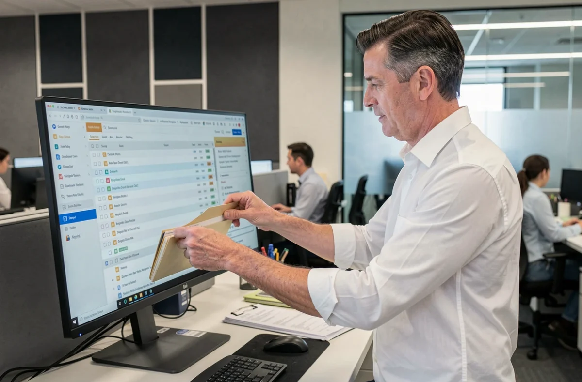 Homme gérant l'organisation de sa messagerie professionnelle sur un grand écran dans un bureau en open space