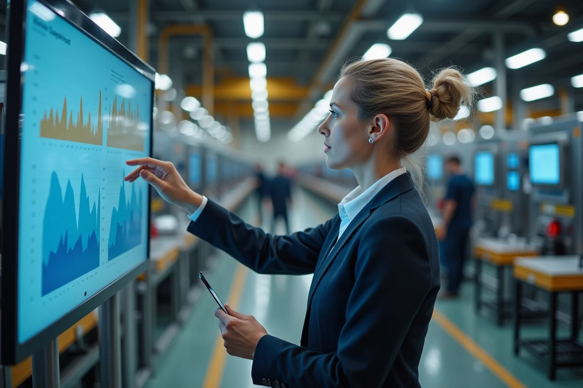 Femme gestionnaire contrôle données sur écran en usine