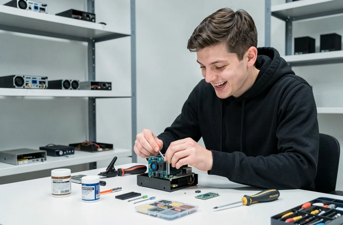 Technicien Gminipc assemblant un mini-PC compact sur un établi blanc avec des composants de petite taille