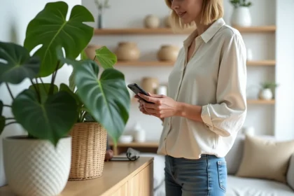 Femme utilisant Google Lens sur smartphone pour identifier une plante verte monstera dans un salon minimaliste