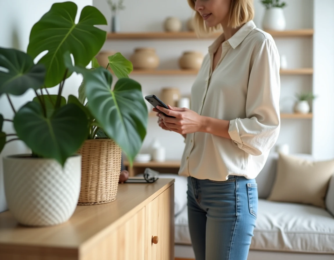 Femme utilisant Google Lens sur smartphone pour identifier une plante verte monstera dans un salon minimaliste