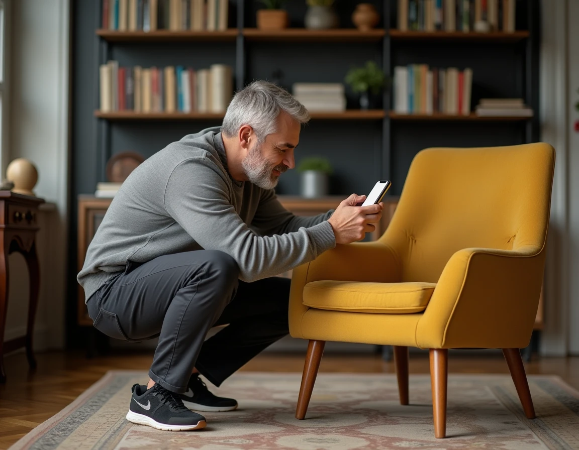 Homme utilisant Google Lens pour identifier un fauteuil vintage mid-century dans un bureau à domicile