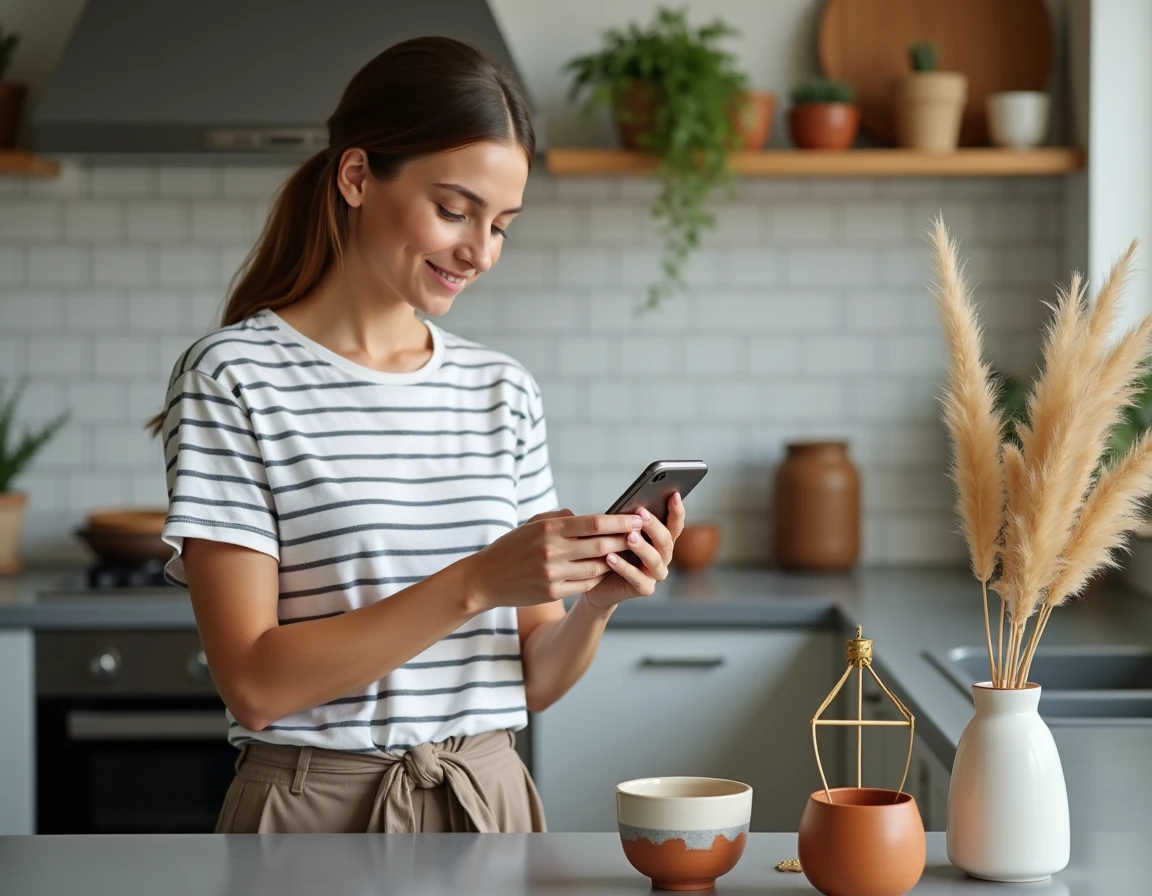 Femme photographiant des objets décoratifs avec Google Lens sur un comptoir de cuisine pour les identifier
