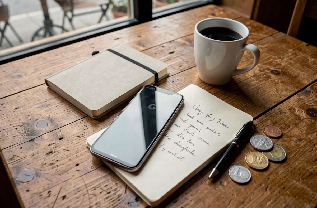 Téléphone Google Pixel posé sur une table de café avec un carnet et des pièces de monnaie, symbolisant l'évaluation du rapport qualité-prix du Pixel