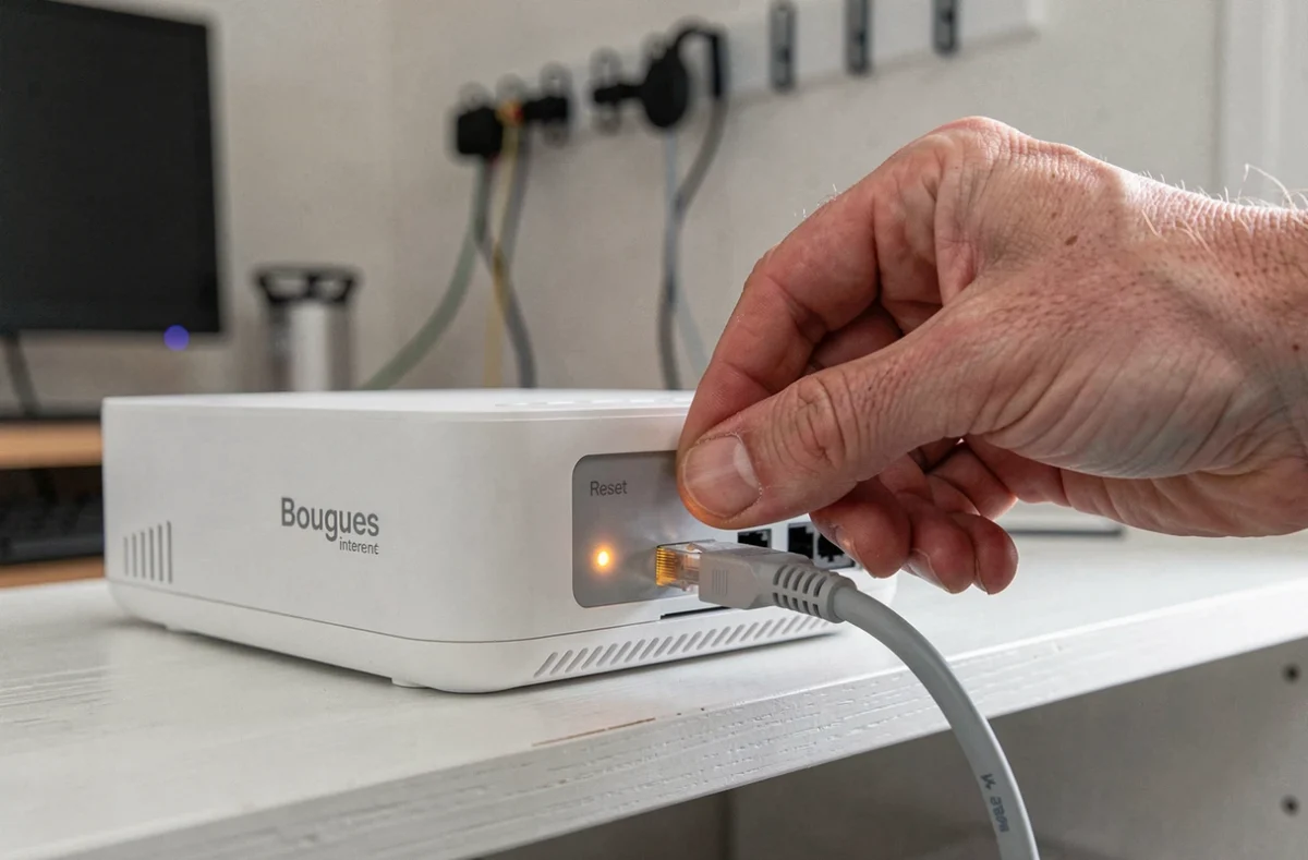 Gros plan sur la main d'un homme appuyant sur le bouton reset d'une box Bouygues pour corriger l'erreur S1