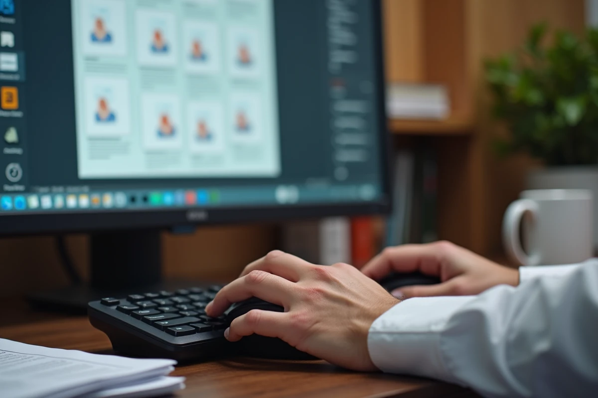 Gros plan de mains utilisant une souris pour supprimer des pages d'un PDF sur un logiciel d'édition de documents