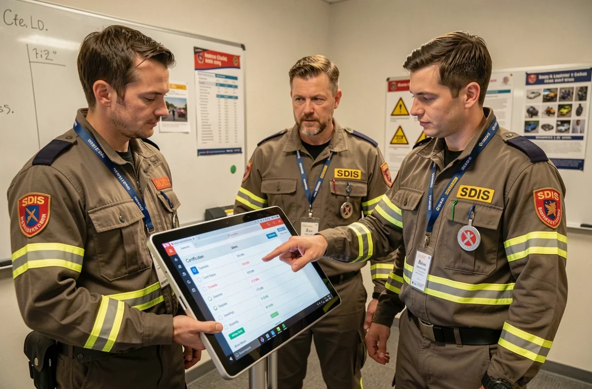 Groupe de sapeurs-pompiers consultant ensemble un tableau de bord de suivi de formation en ligne sur une tablette dans une salle de formation SDIS
