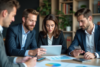 Groupe de professionnels discutant en réunion dans un bureau moderne