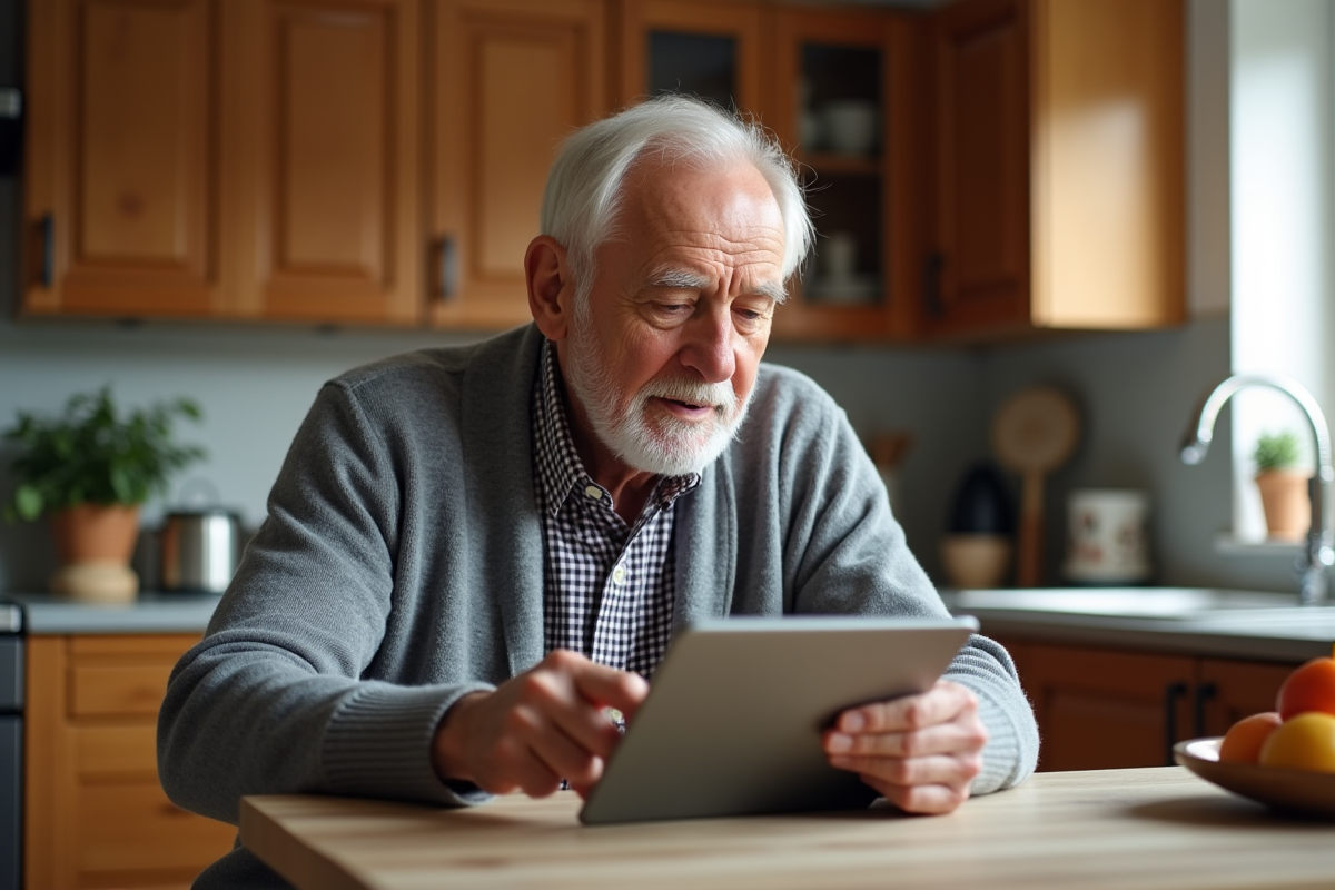 Homme âgé utilisant une tablette dans sa cuisine chaleureuse
