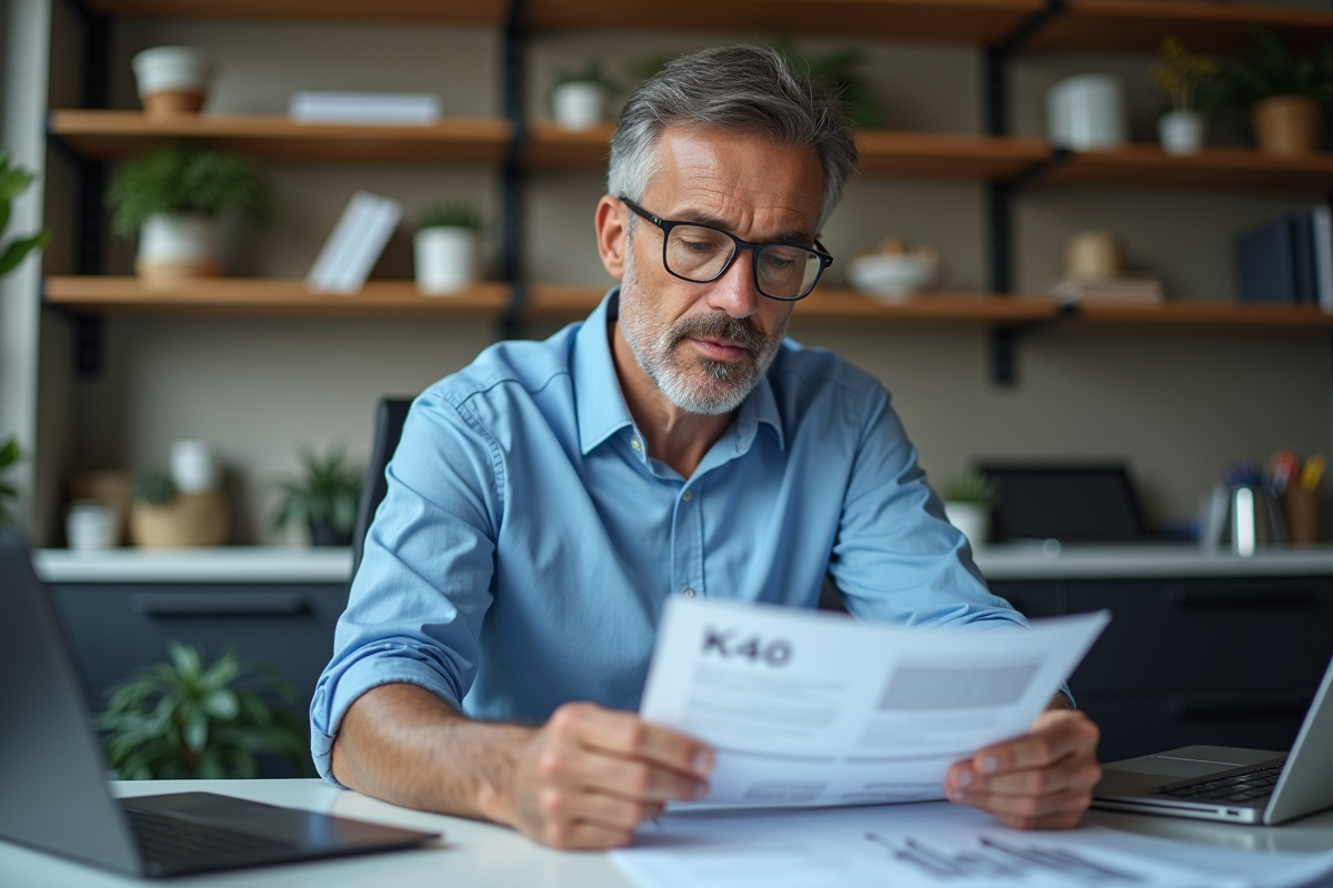 Homme en bleu analysant documents K40 au bureau